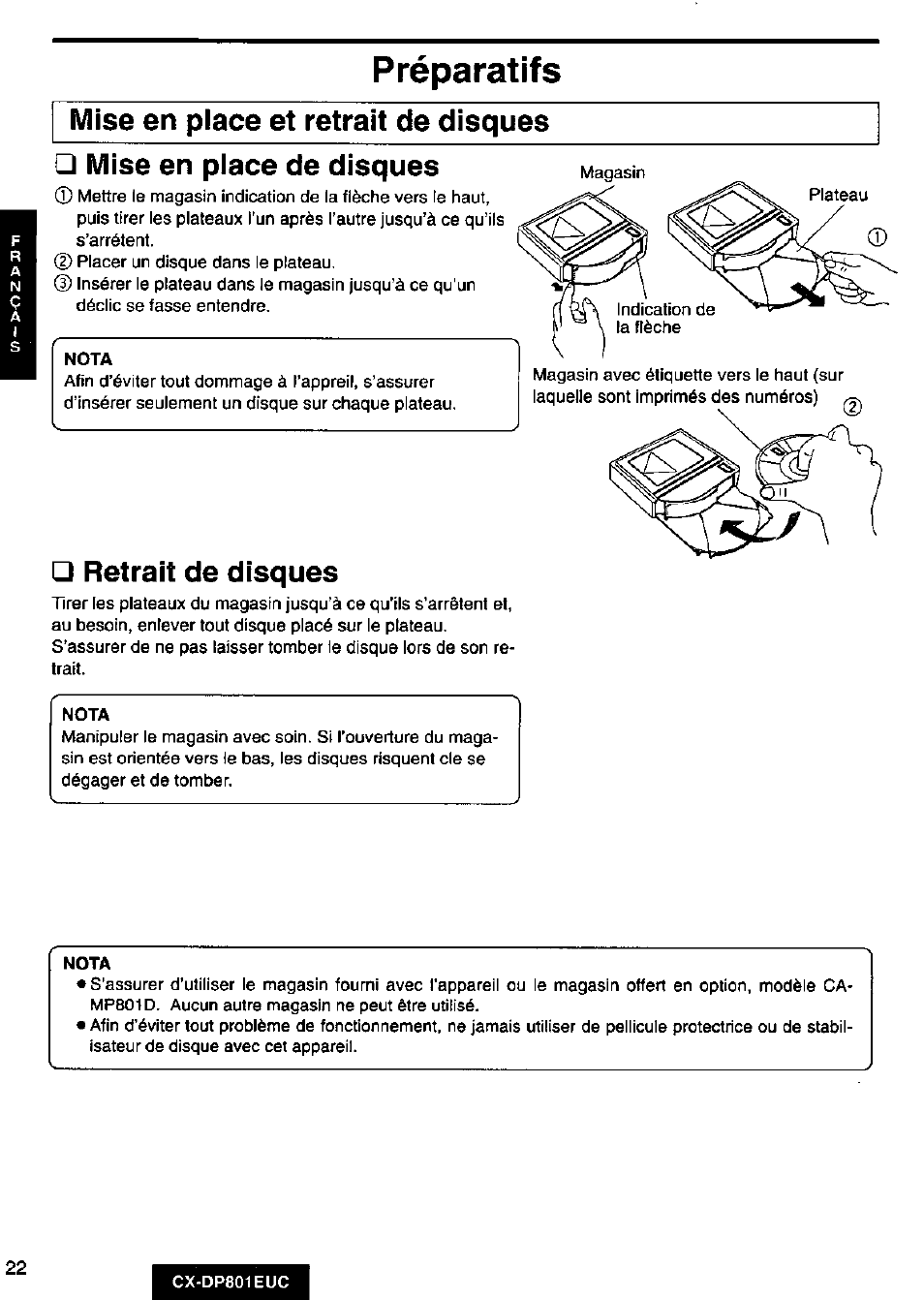 Préparatifs, Mise en place et retrait de disques, Mise en place de disques | Retrait de disques | Panasonic 8-DISC CD CHANGER CX-DP801EUC User Manual | Page 22 / 44