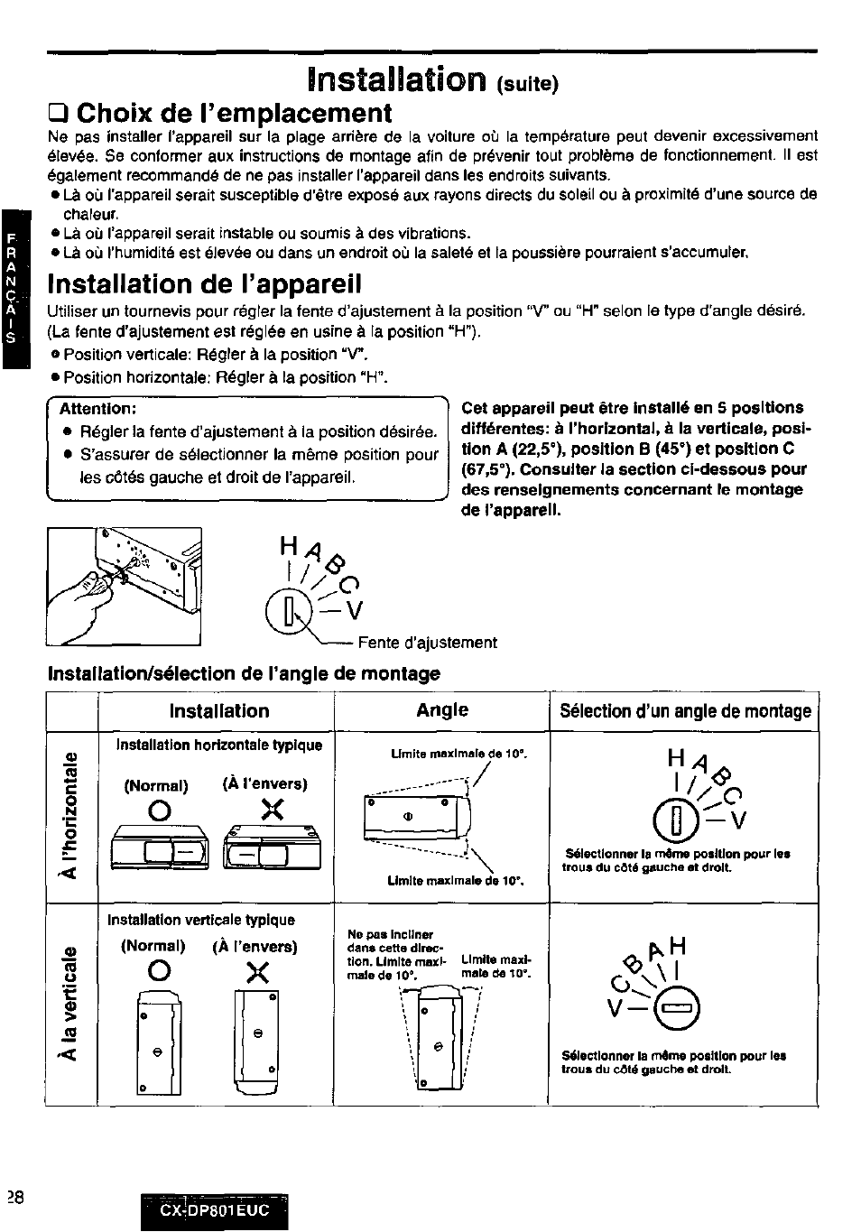 Installation (suite), Choix de remplacement, Installation de tappareil | Installation | Panasonic 8-DISC CD CHANGER CX-DP801EUC User Manual | Page 28 / 44