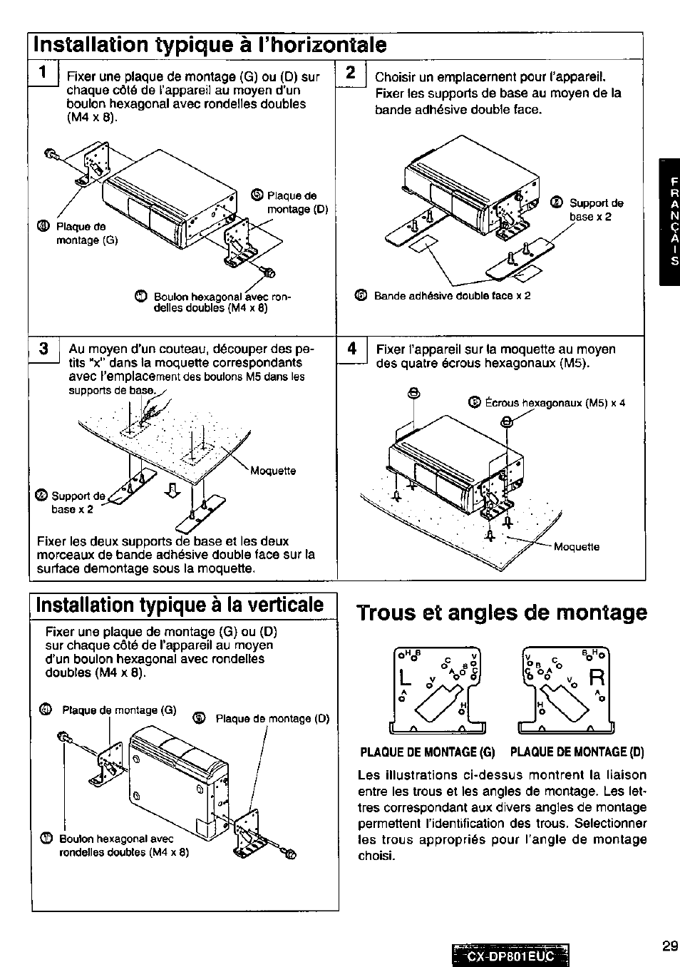 Installation typique à l’horizontale, Installation typique à la verticale, Trous et angles de montage | Panasonic 8-DISC CD CHANGER CX-DP801EUC User Manual | Page 29 / 44