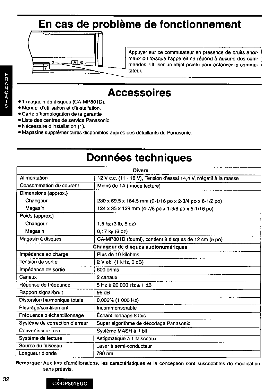 En cas de problème de fonctionnement, Accessoires, Données techniques | Panasonic 8-DISC CD CHANGER CX-DP801EUC User Manual | Page 32 / 44