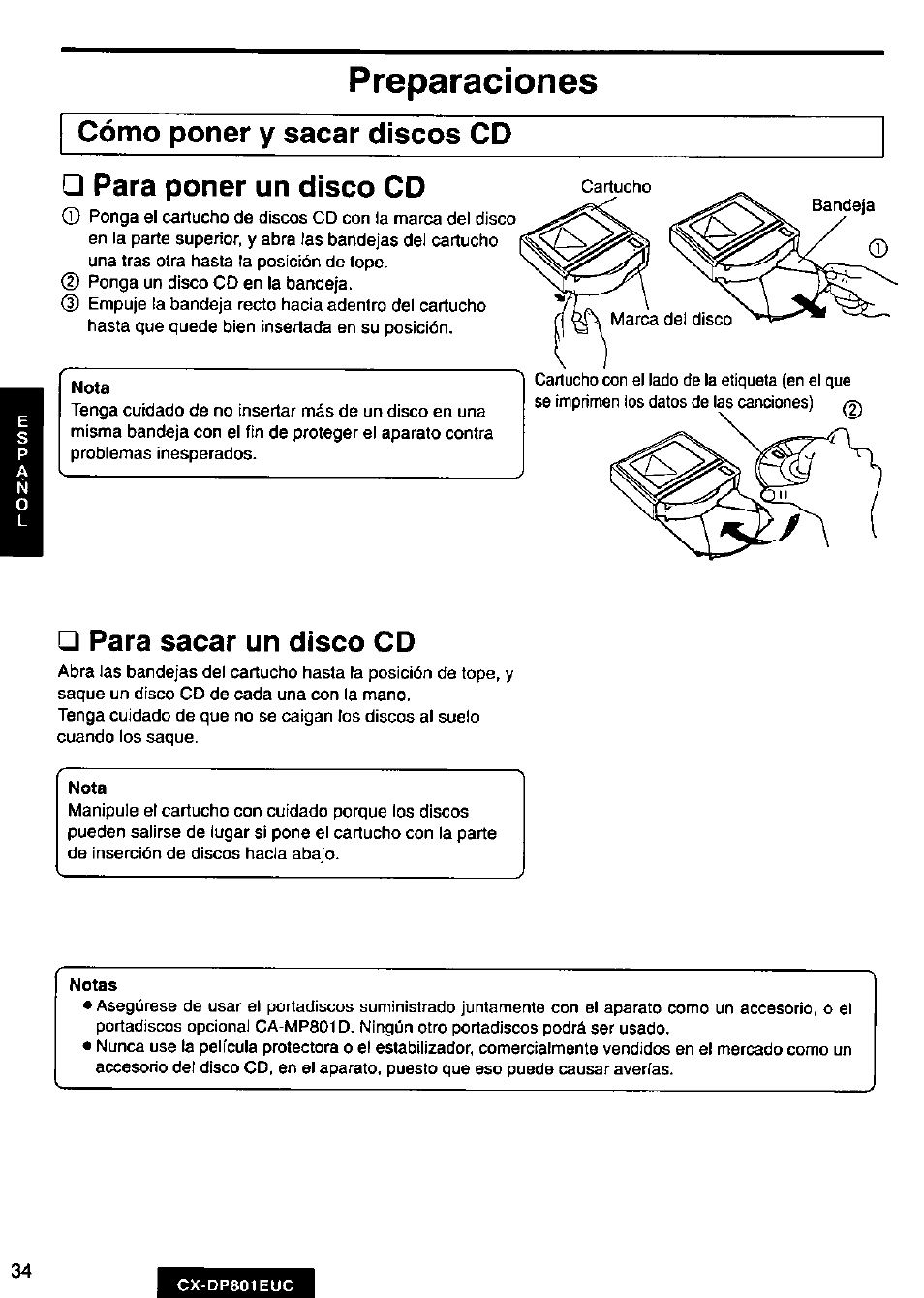 Preparaciones, Cómo poner y sacar discos cd, Para poner un disco cd | Para sacar un disco cd | Panasonic 8-DISC CD CHANGER CX-DP801EUC User Manual | Page 34 / 44