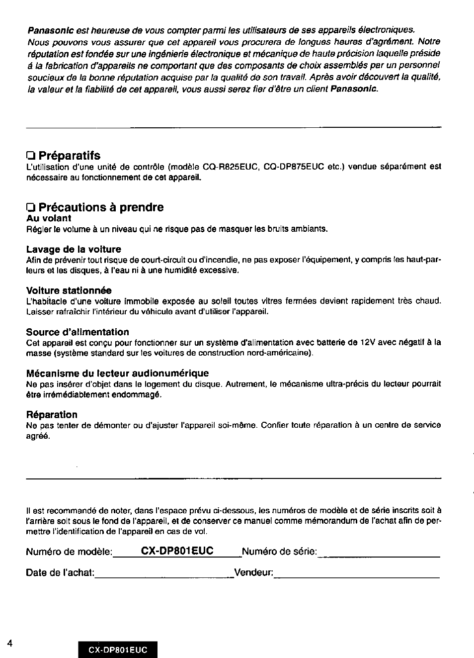 Préparatifs, Précautions à prendre au volant | Panasonic 8-DISC CD CHANGER CX-DP801EUC User Manual | Page 4 / 44