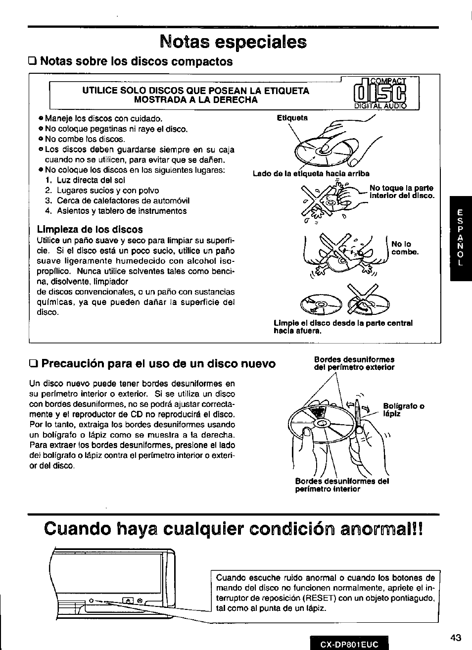 Notas especiales, Precaución para el uso de un disco nuevo, Cuando haya cualquier condición anormal | Panasonic 8-DISC CD CHANGER CX-DP801EUC User Manual | Page 43 / 44