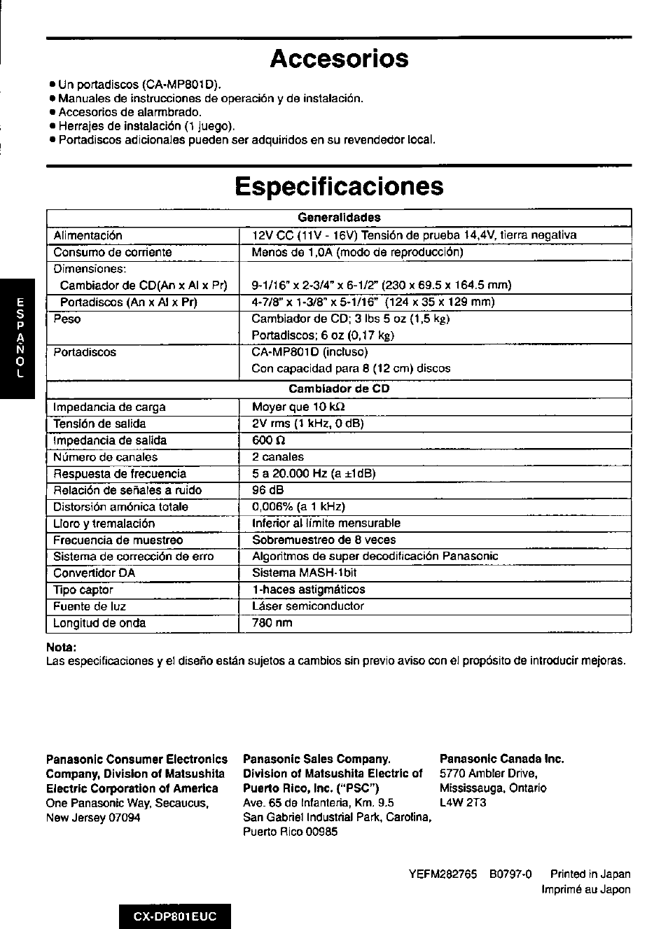 Accesorios, Especificaciones, Accessories | Panasonic 8-DISC CD CHANGER CX-DP801EUC User Manual | Page 44 / 44