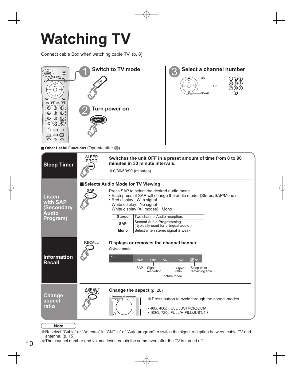 Viewing, Watching tv | Panasonic TC-32LX60L User Manual | Page 10 / 34