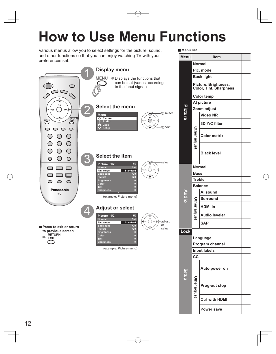 Advanced, How to use menu functions | Panasonic TC-32LX60L User Manual | Page 12 / 34