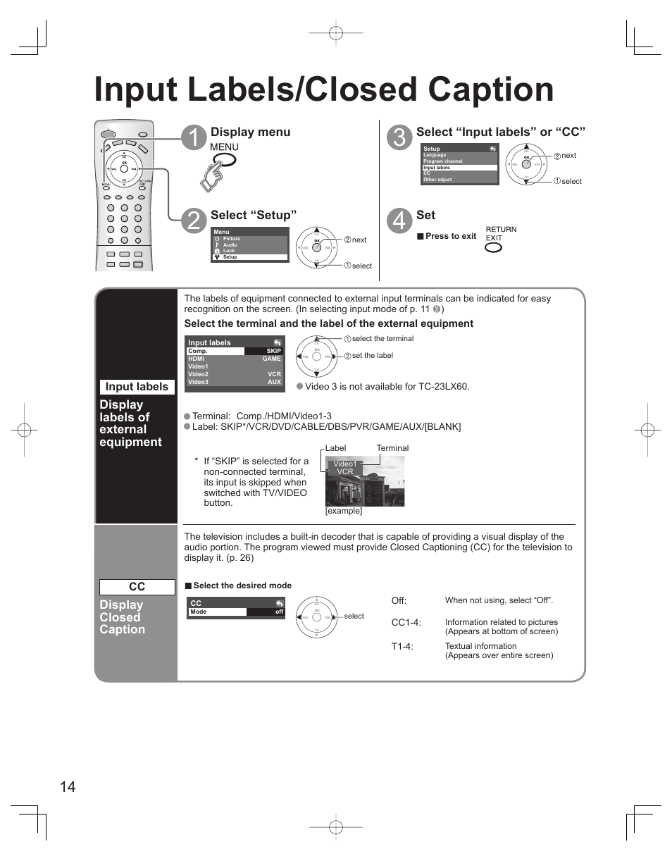 Input labels/closed caption | Panasonic TC-32LX60L User Manual | Page 14 / 34