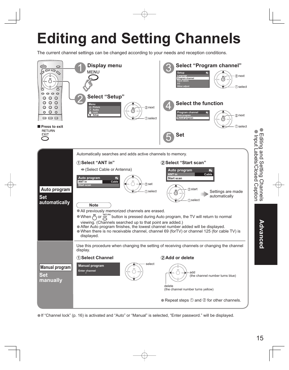 Editing and setting channels, Advanced | Panasonic TC-32LX60L User Manual | Page 15 / 34