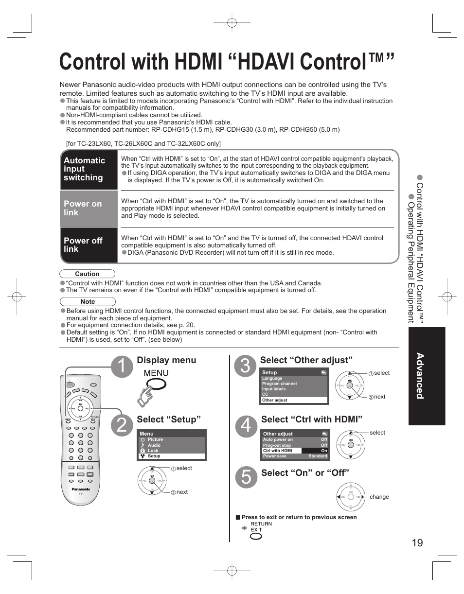 Control with hdmi hdavi control, Control with hdmi “hdavi control | Panasonic TC-32LX60L User Manual | Page 19 / 34
