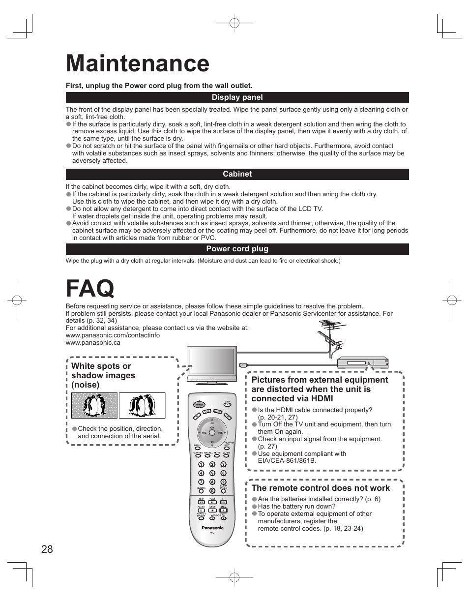 Maintenance, Faq maintenance | Panasonic TC-32LX60L User Manual | Page 28 / 34