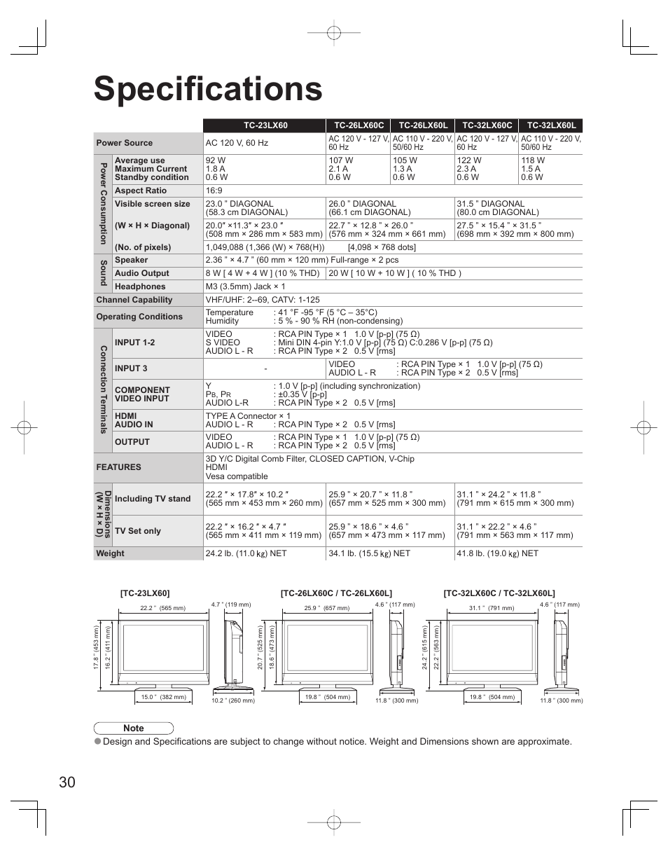 Specifications | Panasonic TC-32LX60L User Manual | Page 30 / 34