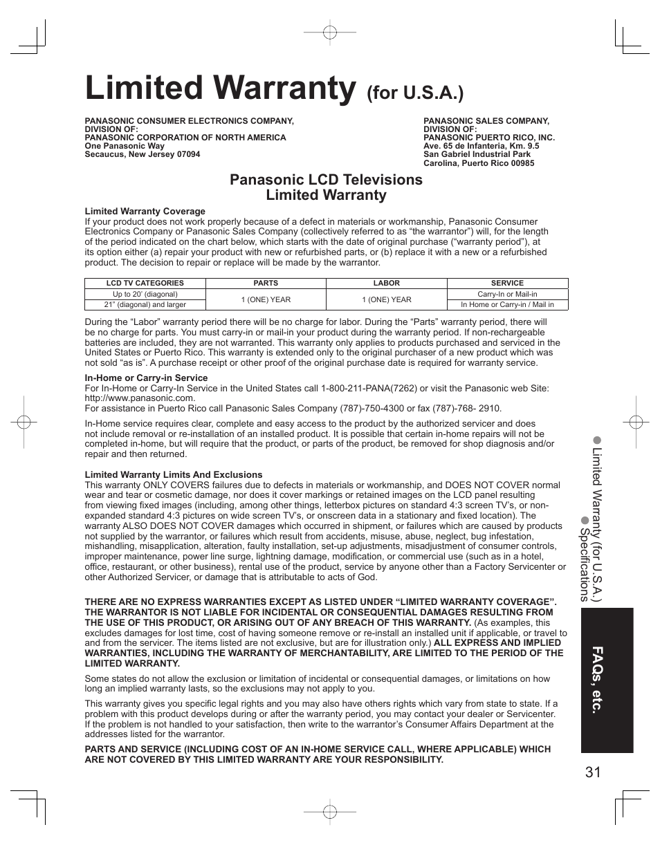 Limited warranty (for u.s.a.), Limited warranty, For u.s.a.) | Panasonic lcd televisions limited warranty, Faqs, etc | Panasonic TC-32LX60L User Manual | Page 31 / 34
