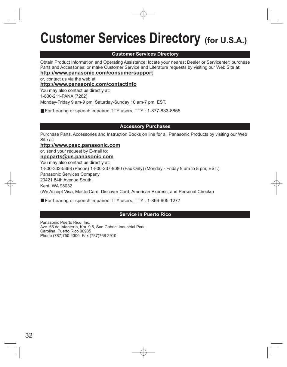Customer services directory (for u.s.a.), Customer services directory, For u.s.a.) | Panasonic TC-32LX60L User Manual | Page 32 / 34