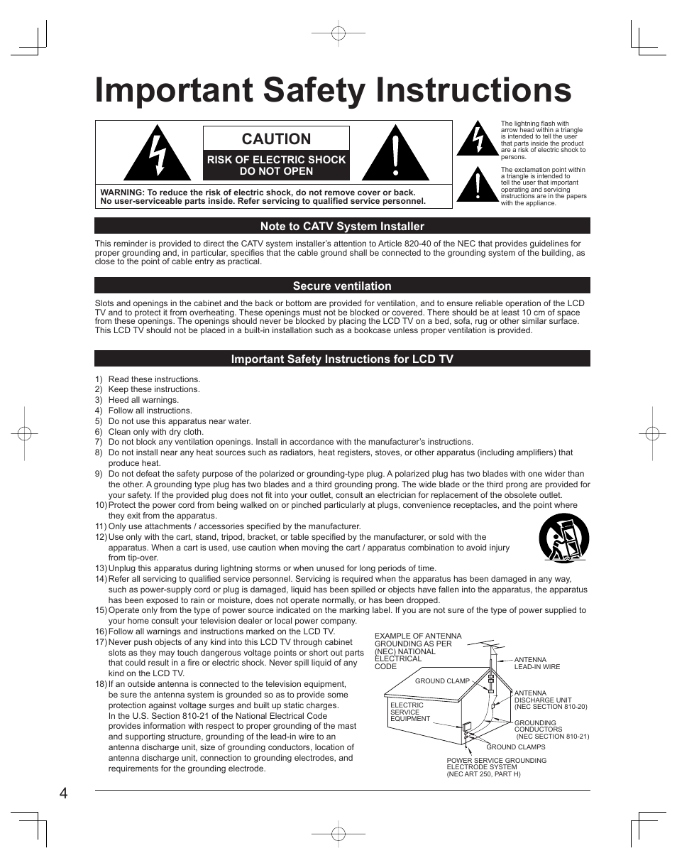 Important safety instructions, Caution | Panasonic TC-32LX60L User Manual | Page 4 / 34