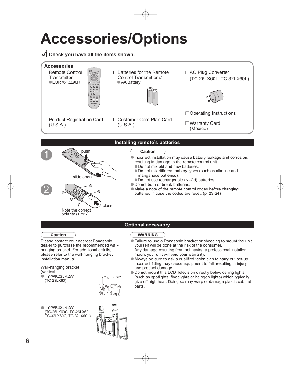 Quick start guide, Accessories/options | Panasonic TC-32LX60L User Manual | Page 6 / 34