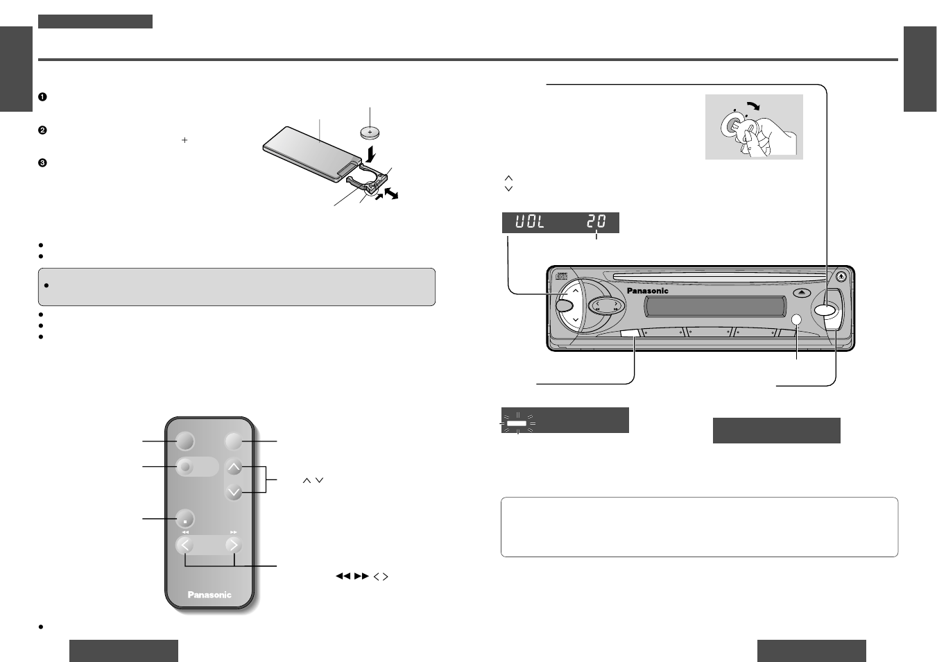 Power and sound controls, Remote control unit preparation, Battery installation | Control reference guide, Power, Mute, Volume, Loudness | Panasonic CQ-DP151  EN User Manual | Page 3 / 12