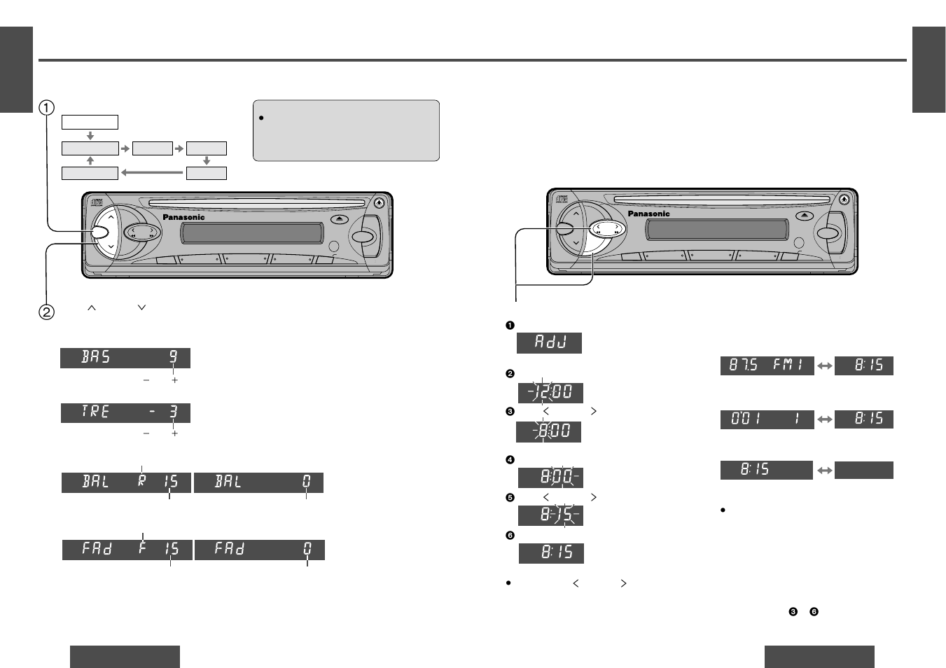 Clock basics, Power and sound controls, Audio mode (bass/treble/balance/fader) | Initial time, Time reset, Clock display, Continued), Bass, Treble, Balance | Panasonic CQ-DP151  EN User Manual | Page 4 / 12