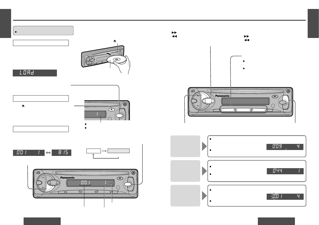 Cd player basics, Track selection, Display change | Mode selection, Direct track selection, Listening to a cd, Disc insert and playback stop and disc eject, Disc insert, Track search, Random play | Panasonic CQ-DP151  EN User Manual | Page 6 / 12