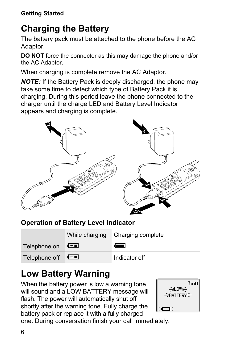 Charging the battery 6, Low battery warning 6, Charging the battery | Low battery warning, Operation of battery level indicator, 6getting started | Panasonic EB-GD90 User Manual | Page 10 / 60