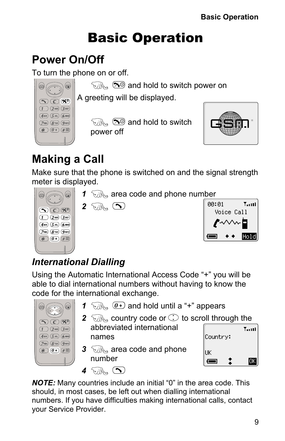 Basic operation 9, Power on/off 9, Making a call 9 | Basic operation, Power on/off, Making a call, International dialling | Panasonic EB-GD90 User Manual | Page 13 / 60