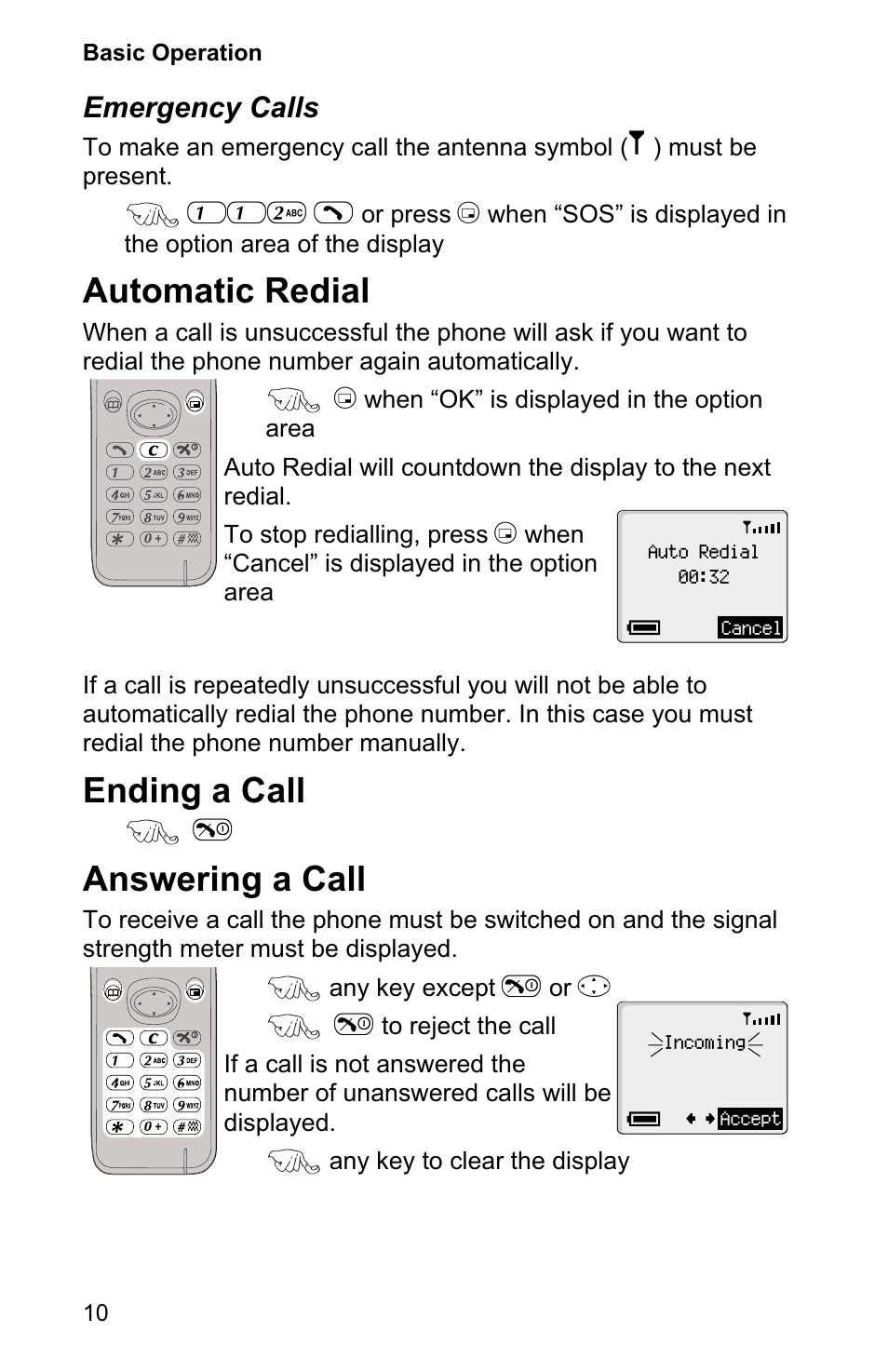 Automatic redial 10, Ending a call 10, Answering a call 10 | Automatic redial, Ending a call, Answering a call, Emergency calls | Panasonic EB-GD90 User Manual | Page 14 / 60