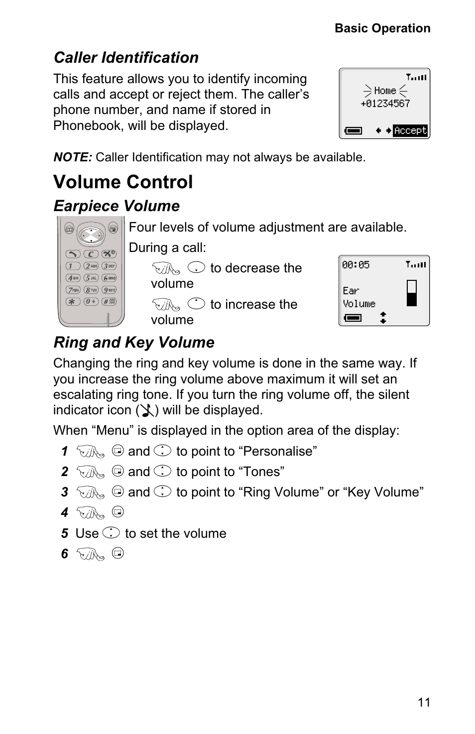 Volume control 11, Volume control, Caller identification | Earpiece volume, Ring and key volume | Panasonic EB-GD90 User Manual | Page 15 / 60