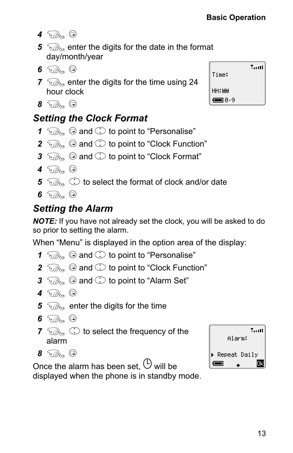 Setting the clock format, Setting the alarm | Panasonic EB-GD90 User Manual | Page 17 / 60