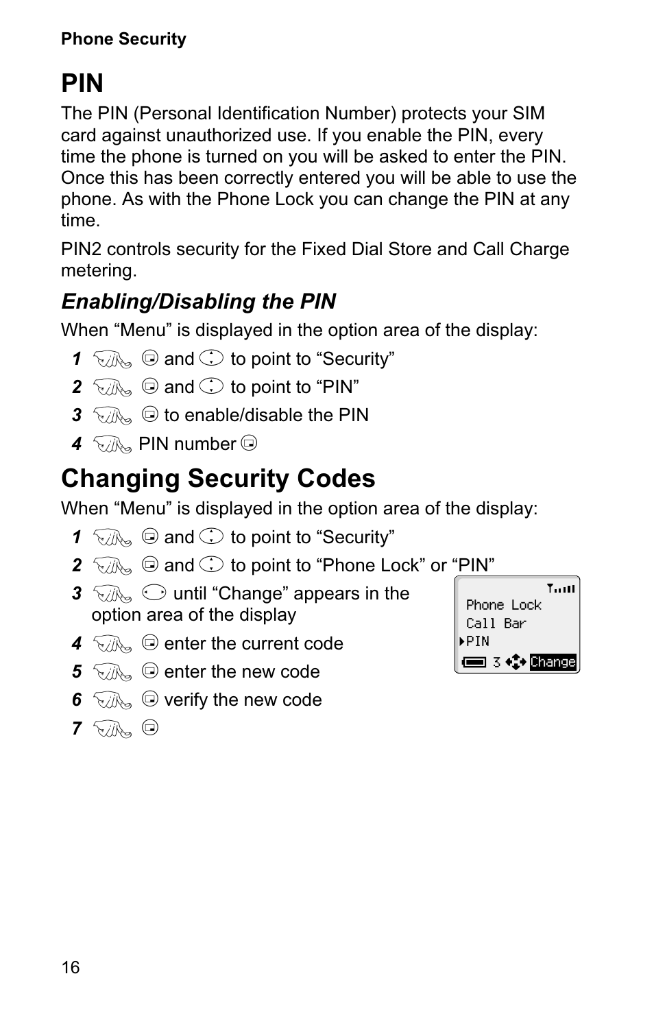 Pin 16, Changing security codes 16, Changing security codes | Enabling/disabling the pin | Panasonic EB-GD90 User Manual | Page 20 / 60