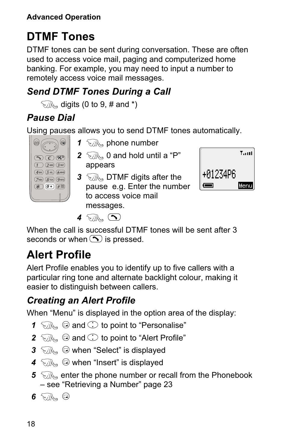 Dtmf tones 18, Alert profile 18, Dtmf tones | Alert profile | Panasonic EB-GD90 User Manual | Page 22 / 60