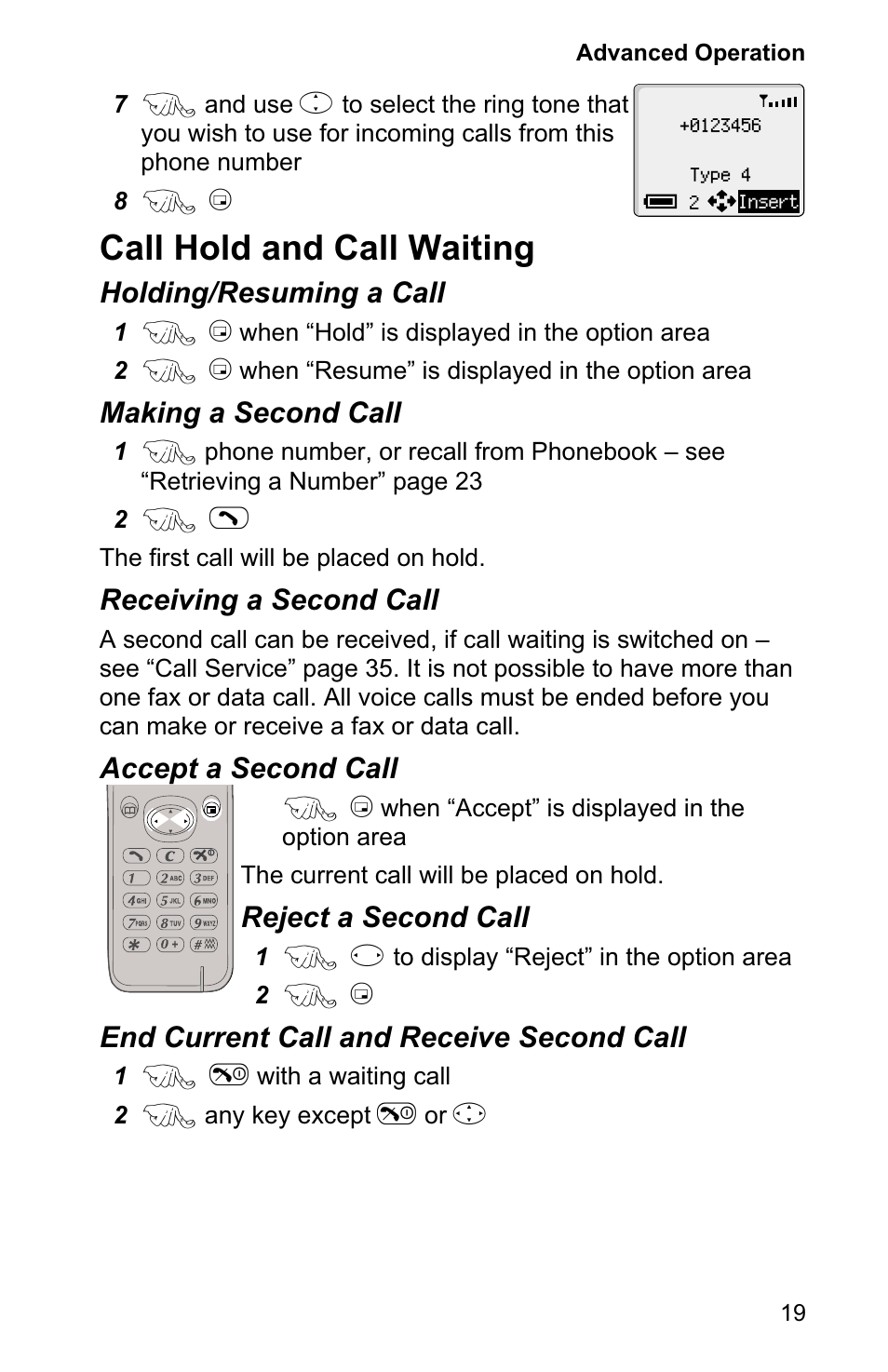 Call hold and call waiting 19, Call hold and call waiting, Holding/resuming a call | Making a second call, Receiving a second call, Accept a second call, Reject a second call, End current call and receive second call | Panasonic EB-GD90 User Manual | Page 23 / 60