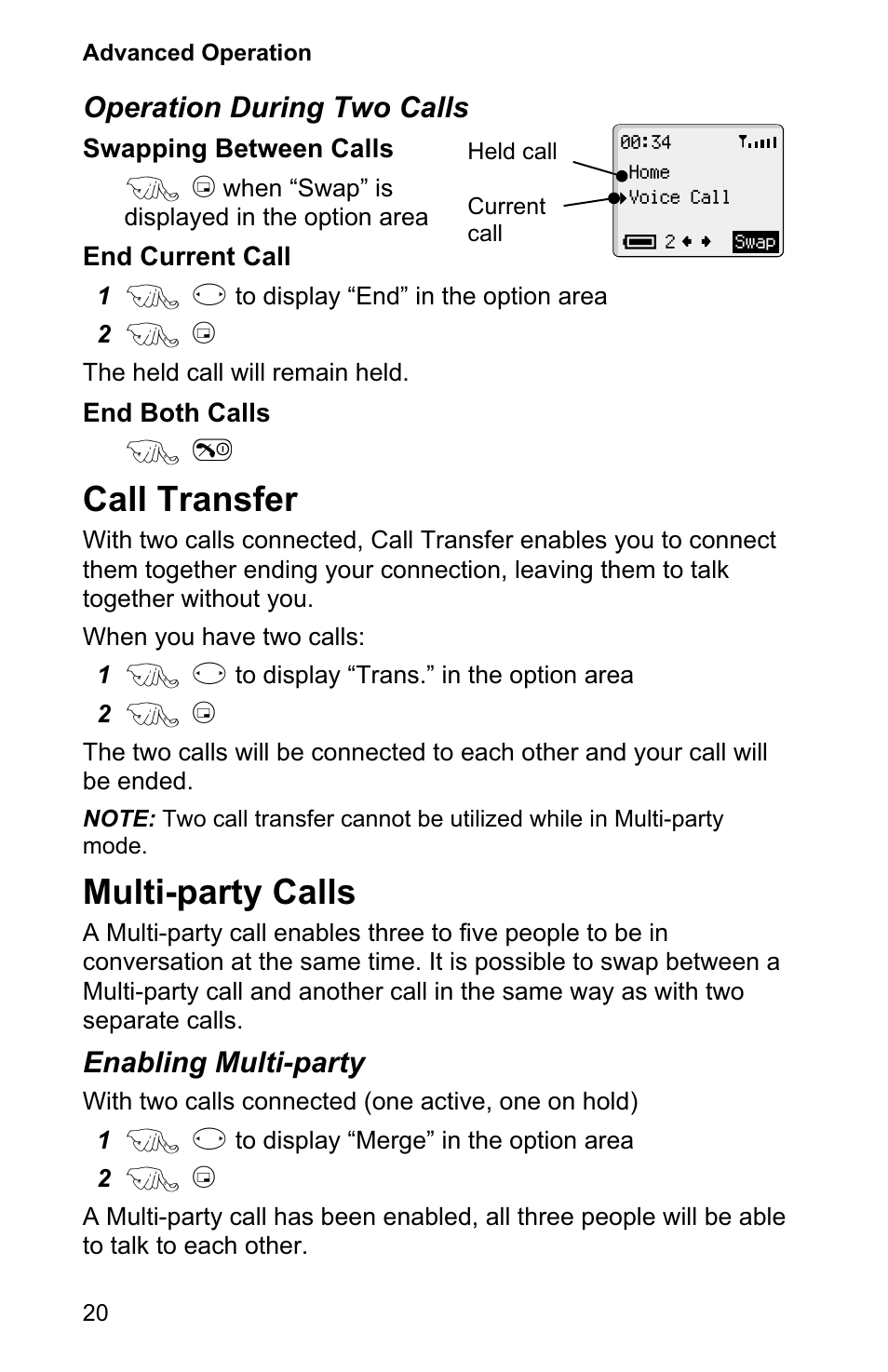 Call transfer 20, Multi-party calls 20, Call transfer | Multi-party calls, Operation during two calls, Enabling multi-party | Panasonic EB-GD90 User Manual | Page 24 / 60