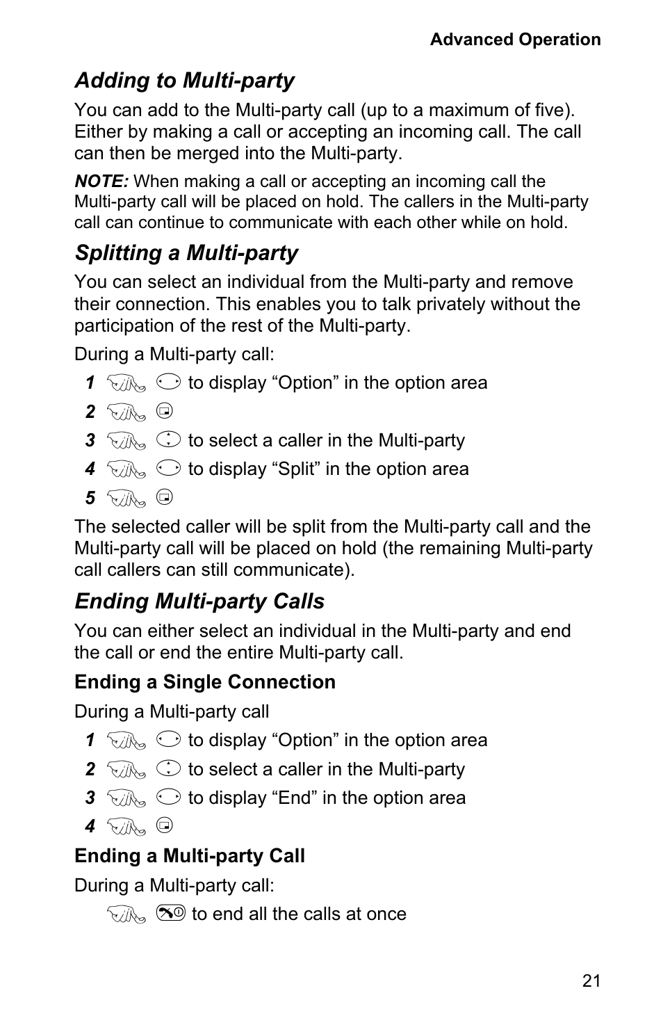 Adding to multi-party, Splitting a multi-party, Ending multi-party calls | Panasonic EB-GD90 User Manual | Page 25 / 60