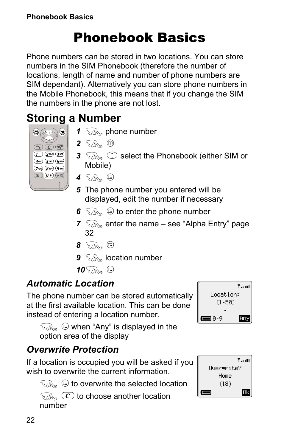 Phonebook basics 22, Storing a number 22, Phonebook basics | Storing a number, Automatic location, Overwrite protection | Panasonic EB-GD90 User Manual | Page 26 / 60