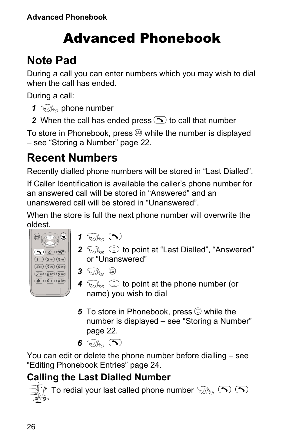 Advanced phonebook 26, Note pad 26, Recent numbers 26 | Advanced phonebook, Recent numbers | Panasonic EB-GD90 User Manual | Page 30 / 60