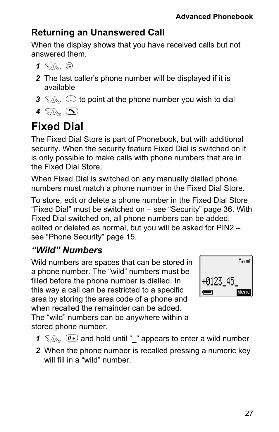 Fixed dial 27, Fixed dial, Returning an unanswered call | Wild” numbers | Panasonic EB-GD90 User Manual | Page 31 / 60