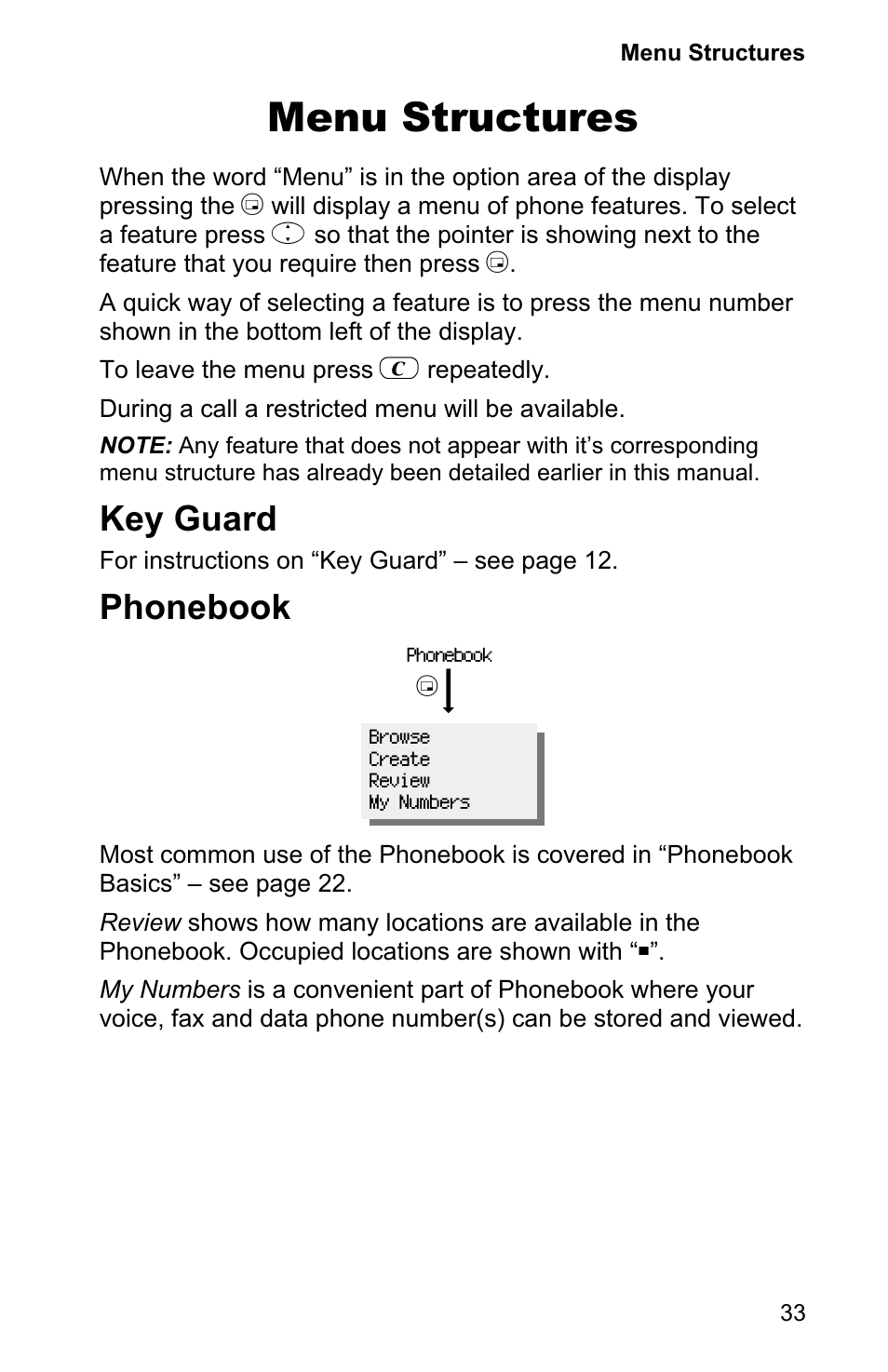 Menu structures 33, Key guard 33, Phonebook 33 | Menu structures, Key guard, Phonebook | Panasonic EB-GD90 User Manual | Page 37 / 60