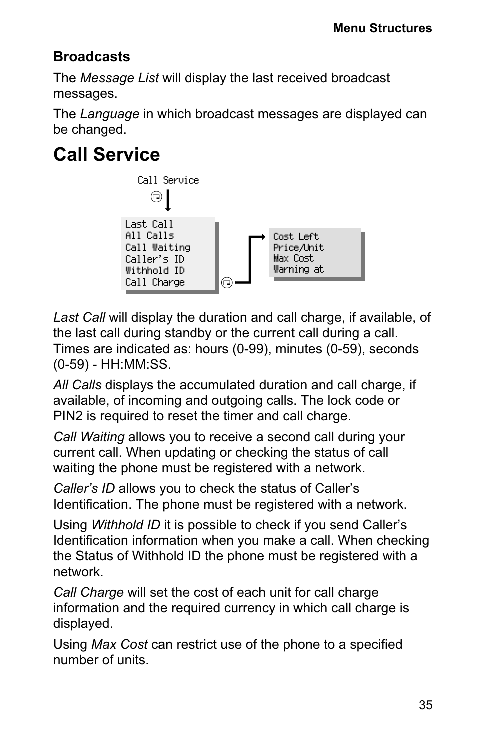 Call service 35, Call service, Broadcasts | Panasonic EB-GD90 User Manual | Page 39 / 60