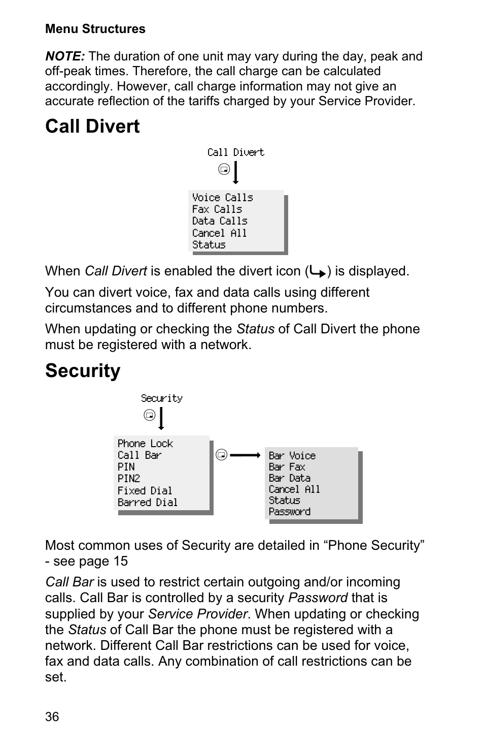 Call divert 36, Security 36, Call divert | Security | Panasonic EB-GD90 User Manual | Page 40 / 60