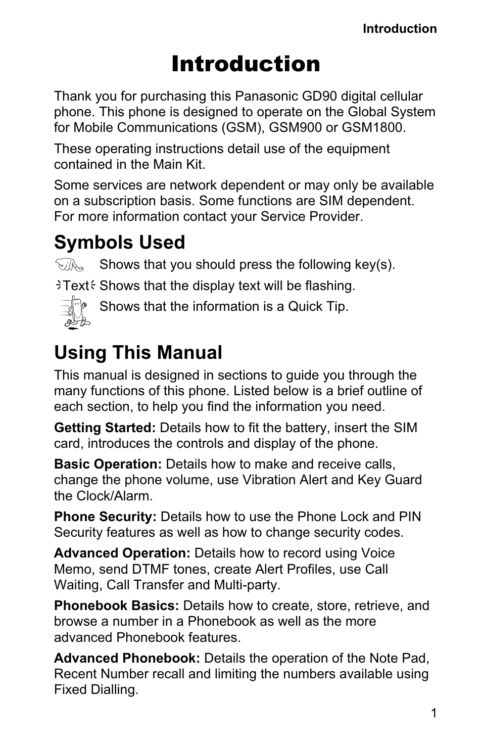 Introduction 1, Symbols used 1, Using this manual 1 | Introduction, Symbols used, Using this manual | Panasonic EB-GD90 User Manual | Page 5 / 60