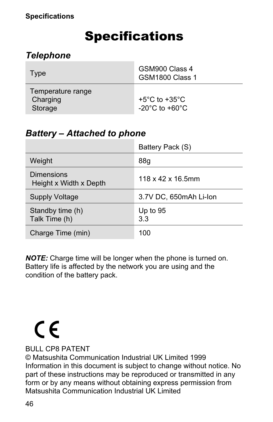 Specifications 46, Specifications, Telephone | Battery – attached to phone | Panasonic EB-GD90 User Manual | Page 50 / 60