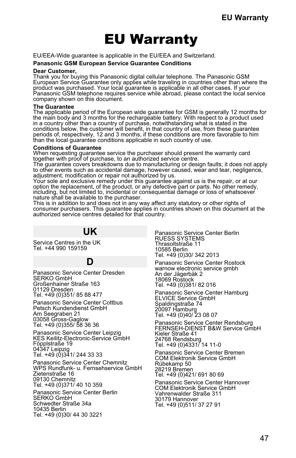 Eu warranty 47, Eu warranty | Panasonic EB-GD90 User Manual | Page 51 / 60