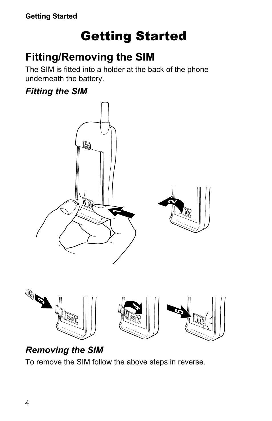 Getting started 4, Fitting/removing the sim 4, Getting started | Fitting/removing the sim | Panasonic EB-GD90 User Manual | Page 8 / 60