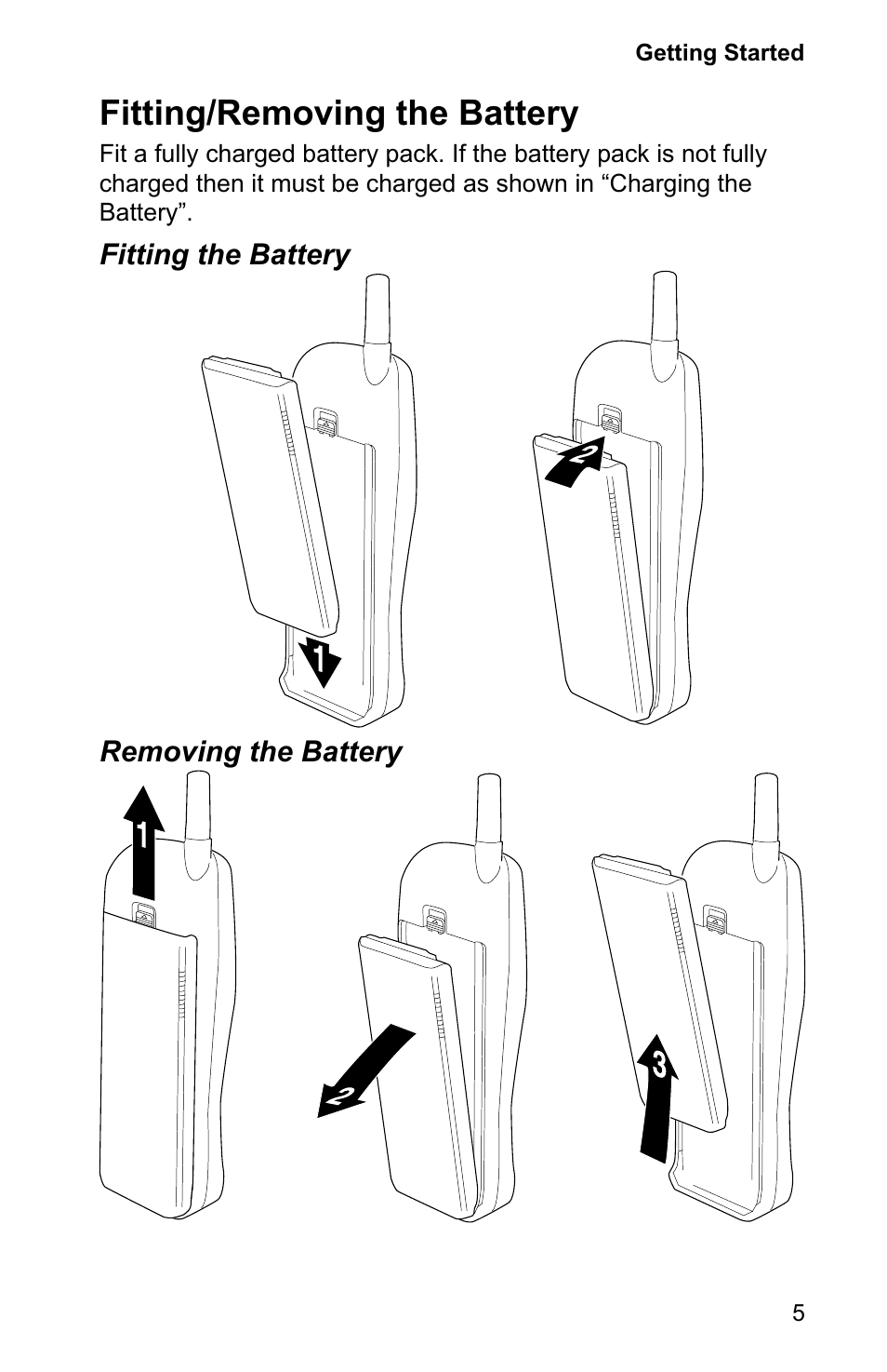 Fitting/removing the battery 5, Fitting/removing the battery | Panasonic EB-GD90 User Manual | Page 9 / 60