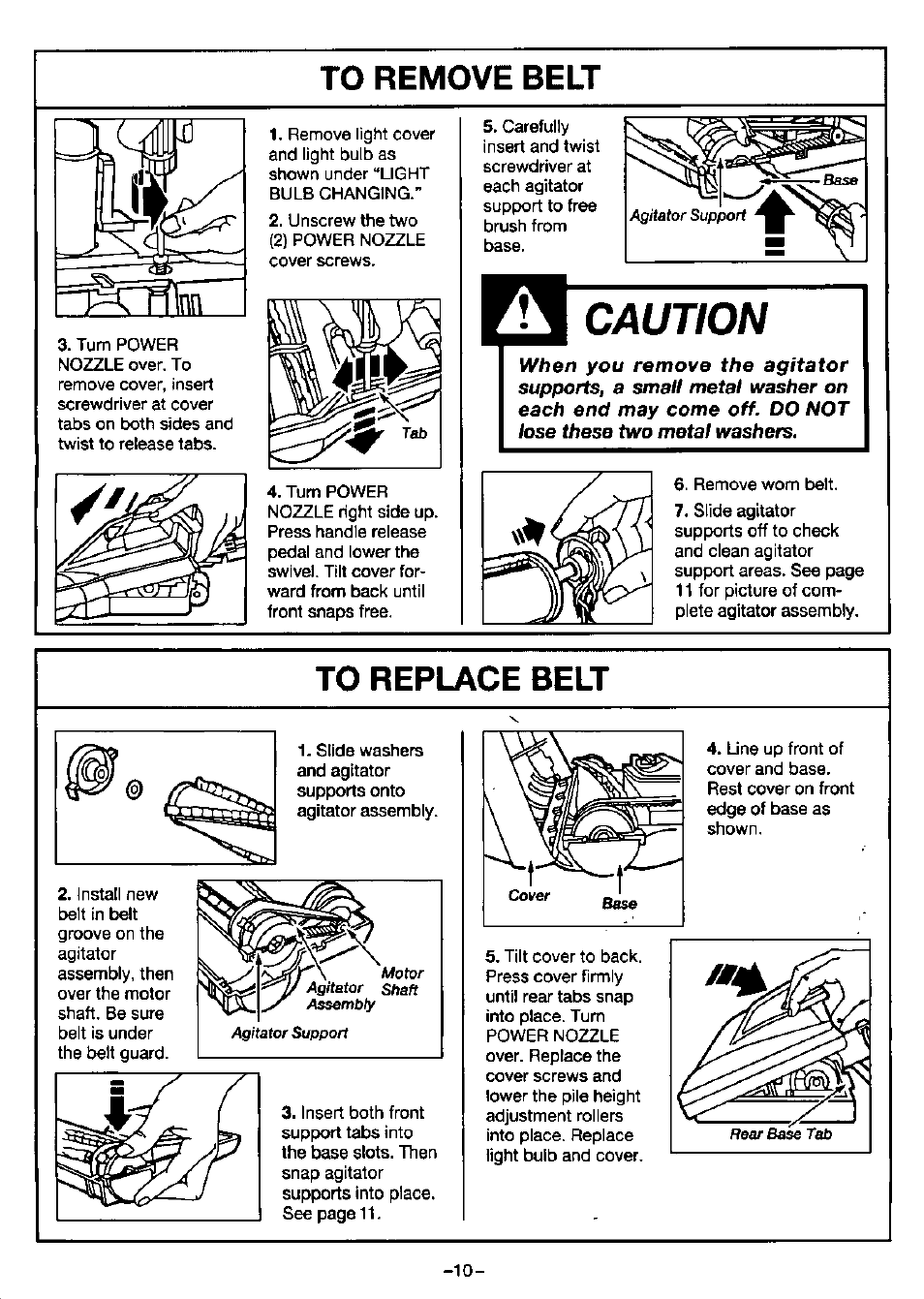To remove belt, To replace belt, Caution | Panasonic mc-v9620 User Manual | Page 12 / 20