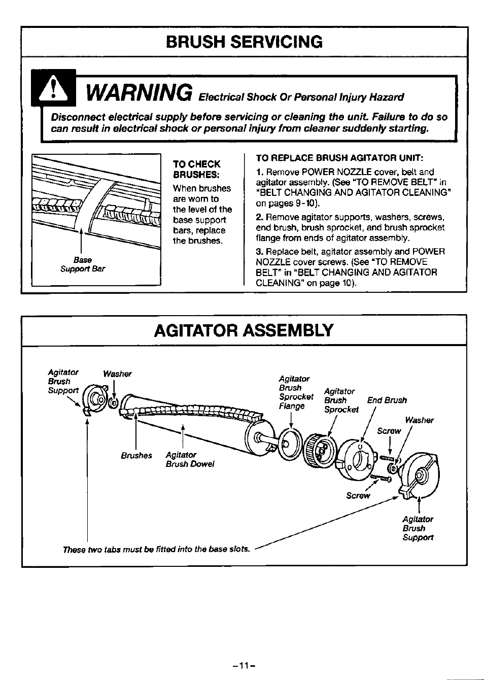 Brush servicing, Warning | Panasonic mc-v9620 User Manual | Page 13 / 20