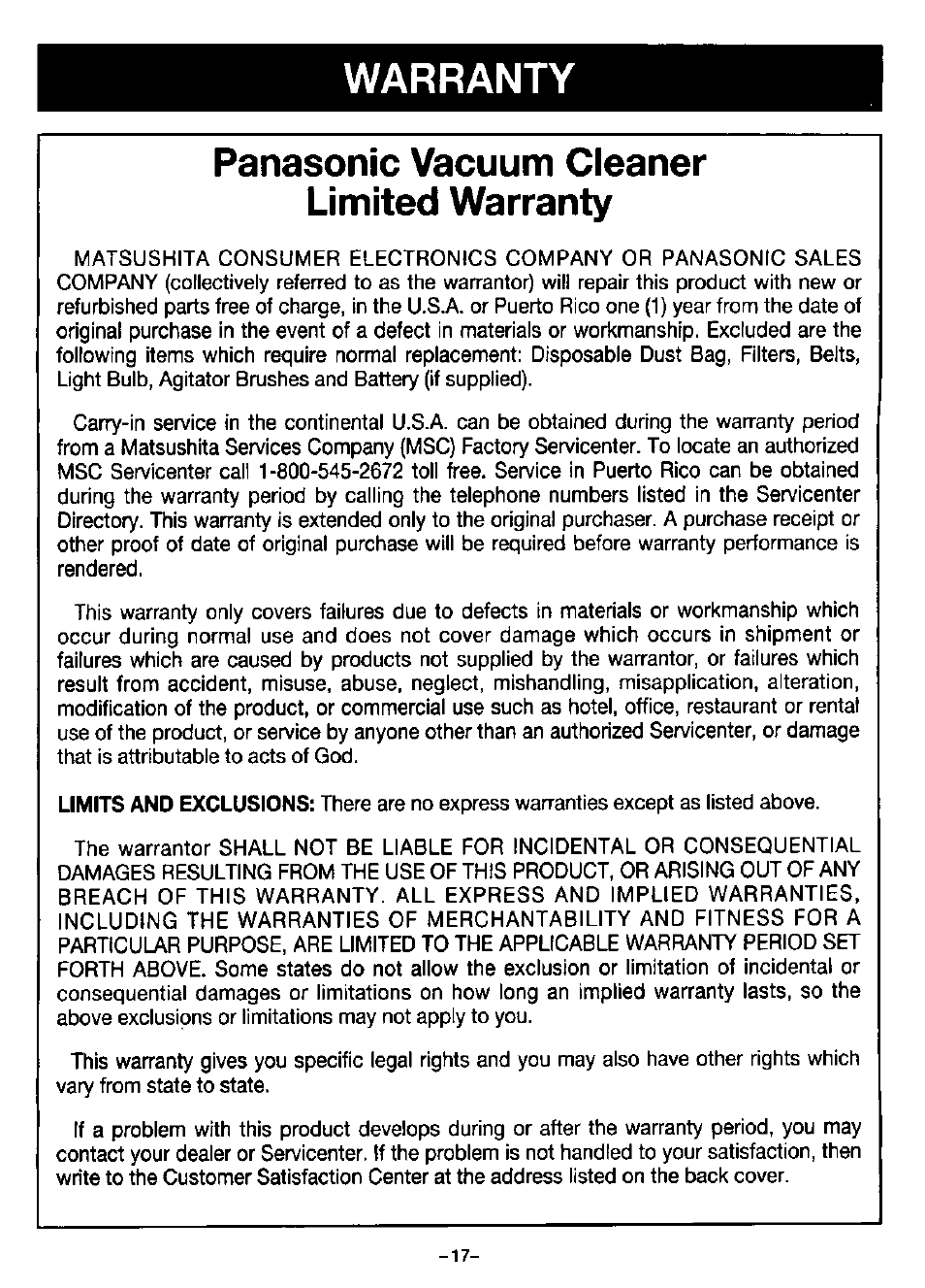 Warranty panasonic vacuum cleaner limited warranty | Panasonic mc-v9620 User Manual | Page 19 / 20