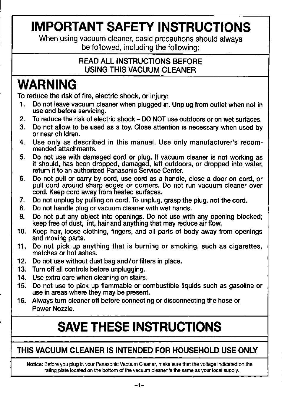 Read all instructions before, Using this vacuum cleaner, Important safety instructions | Warning, Save these instructions | Panasonic mc-v9620 User Manual | Page 3 / 20