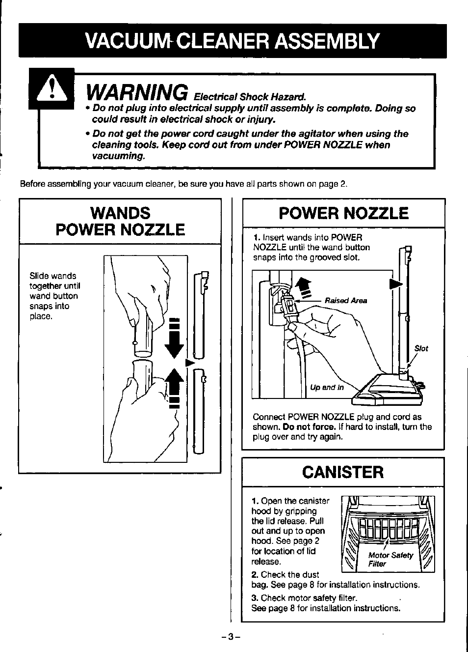 Warning, Vacuumcleaner assembly, Wands power nozzle | Power nozzle, Canister | Panasonic mc-v9620 User Manual | Page 5 / 20