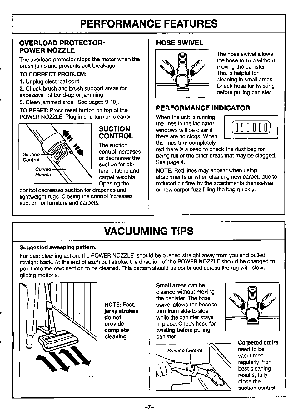 Performance features, Vacuuming tips, Overload protector- power nozzle | Suction control, Hose swivel, Performance indicator | Panasonic mc-v9620 User Manual | Page 9 / 20