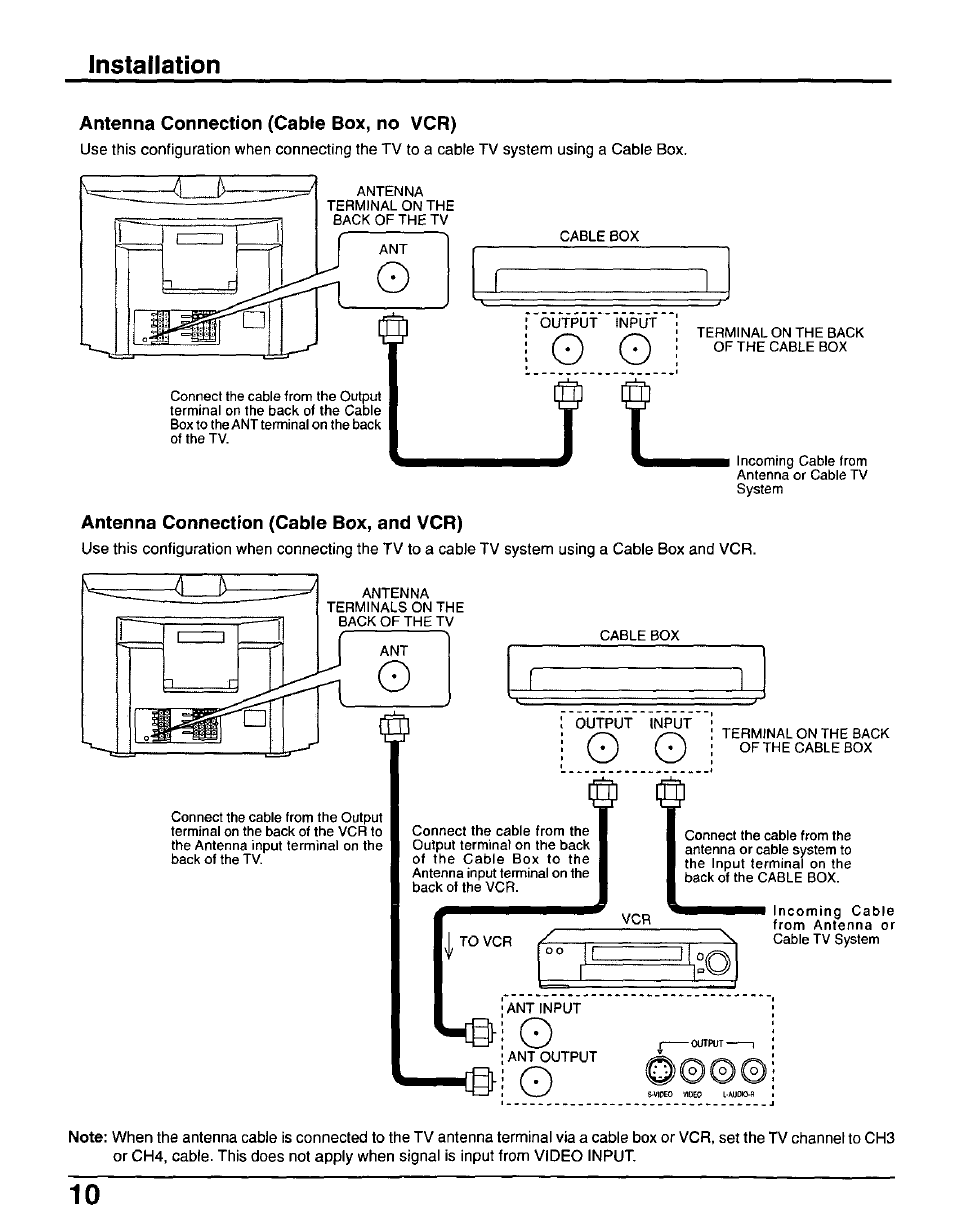 Antenna connection (cable box, no vcr), Antenna connection (cable box, and vcr), Installation | Panasonic CT-30WX50 User Manual | Page 10 / 72